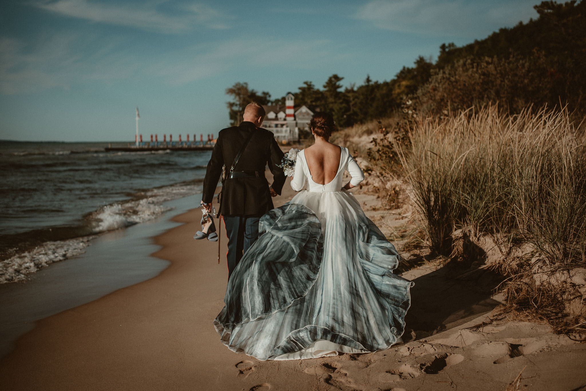 Bride and Groom walking Lake Michigan Glen Arbor
