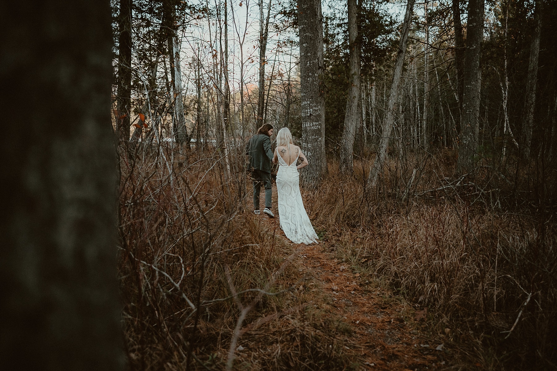 Groom leading his bride down a nature trail