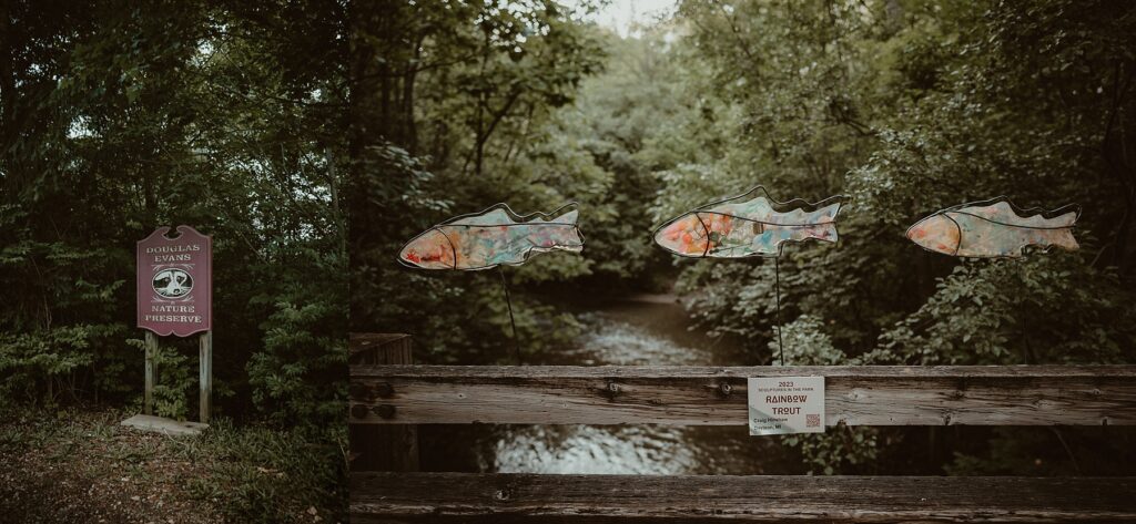 Douglas Evans Nature Preserve sign, and resin fish display made out of recycled material.
