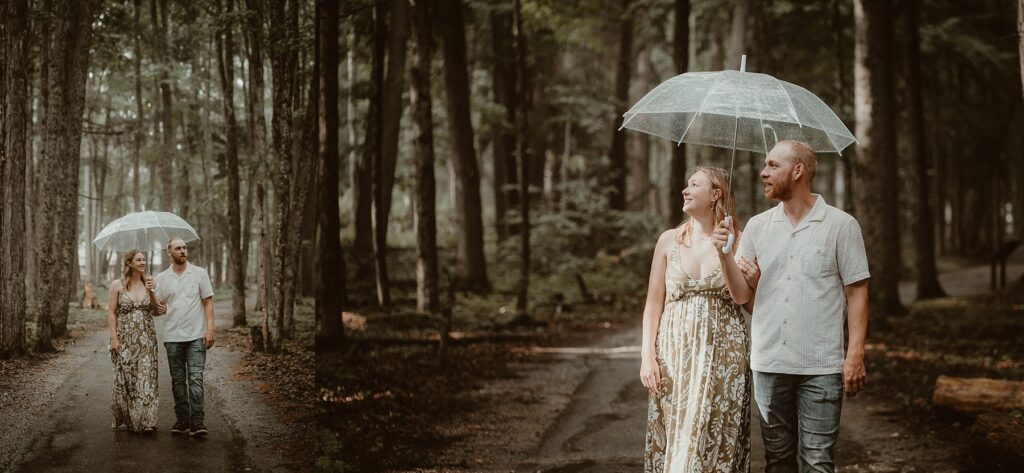 Couple walking in the rain together sharing an umbrella.