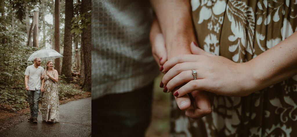 Couple walking in the rain sharing an umbrella, and a close-up of her engagement ring on her finger.