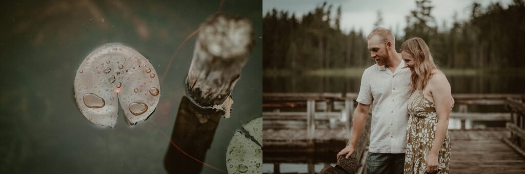 Couple standing together on a dock admiring the small lake.