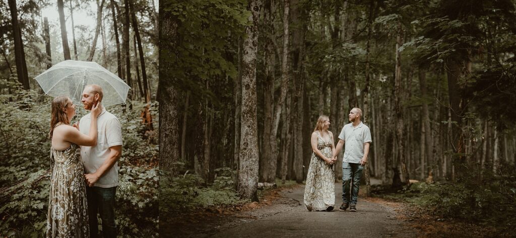 Couple walking together in the woods.