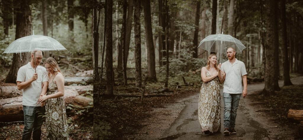 Couple walking together in the rain wit a clear umbrella.