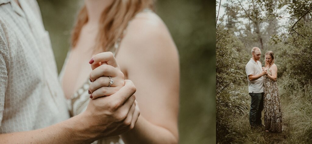Couple dancing together in nature with a close up of their hands.