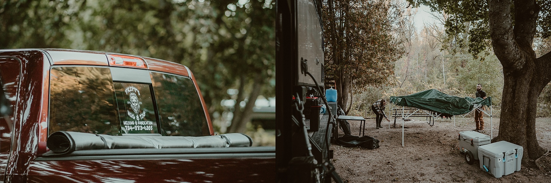 Engaged couple setting up their campsite in Frankfort, Michigan with fall foliage in the background.