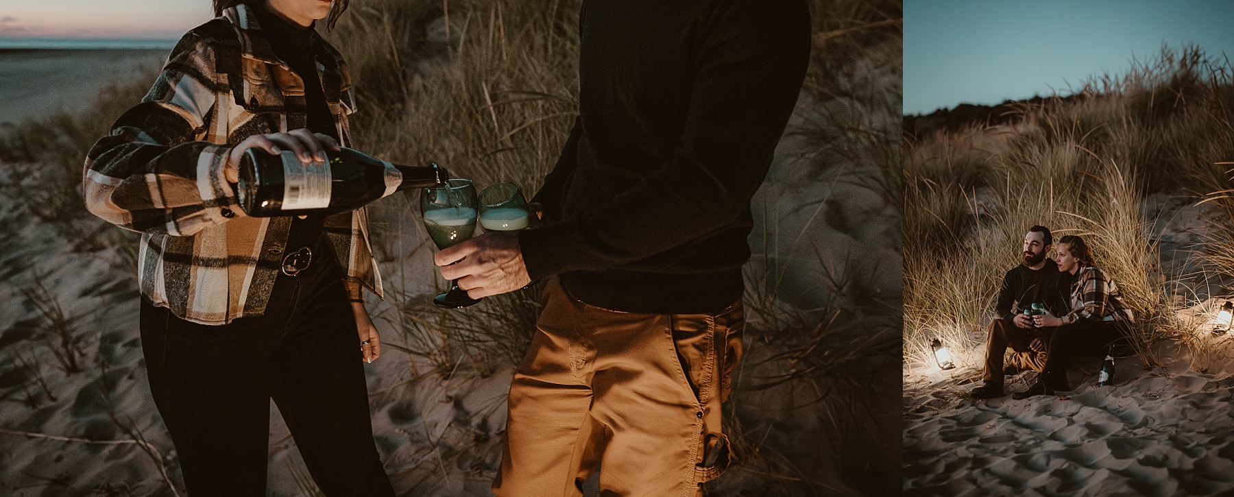 Couple drinking champaign on the beach at sunset during engagement session on Lake Michigan.
