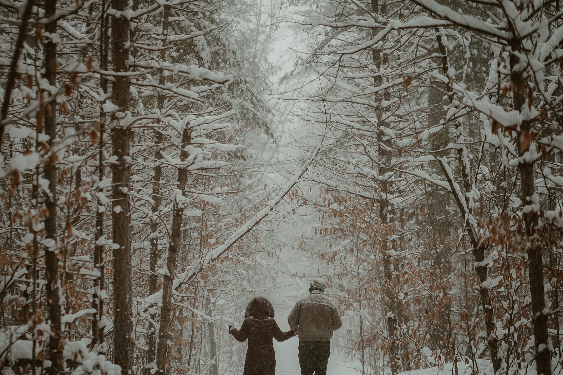 Couple walking through heavy snowfall during winter engagement session at Hartwick Pines State Park in Grayling, Michigan.