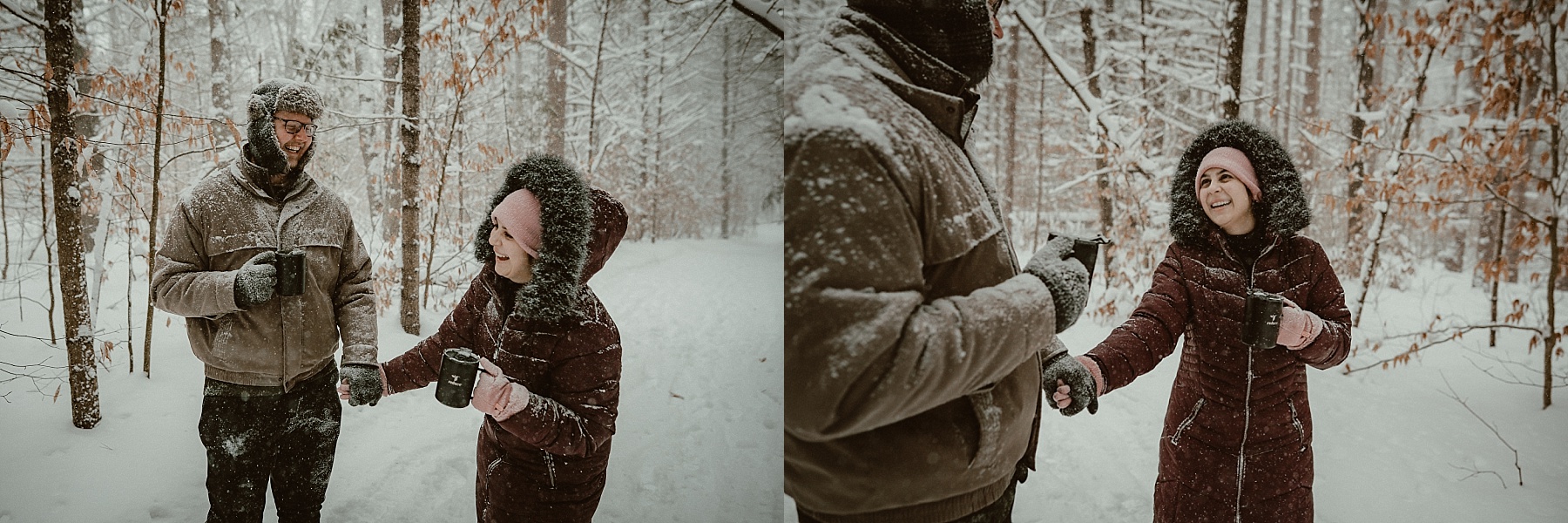 Couple laughing together in deep snow during a cold-weather engagement session in Michigan.