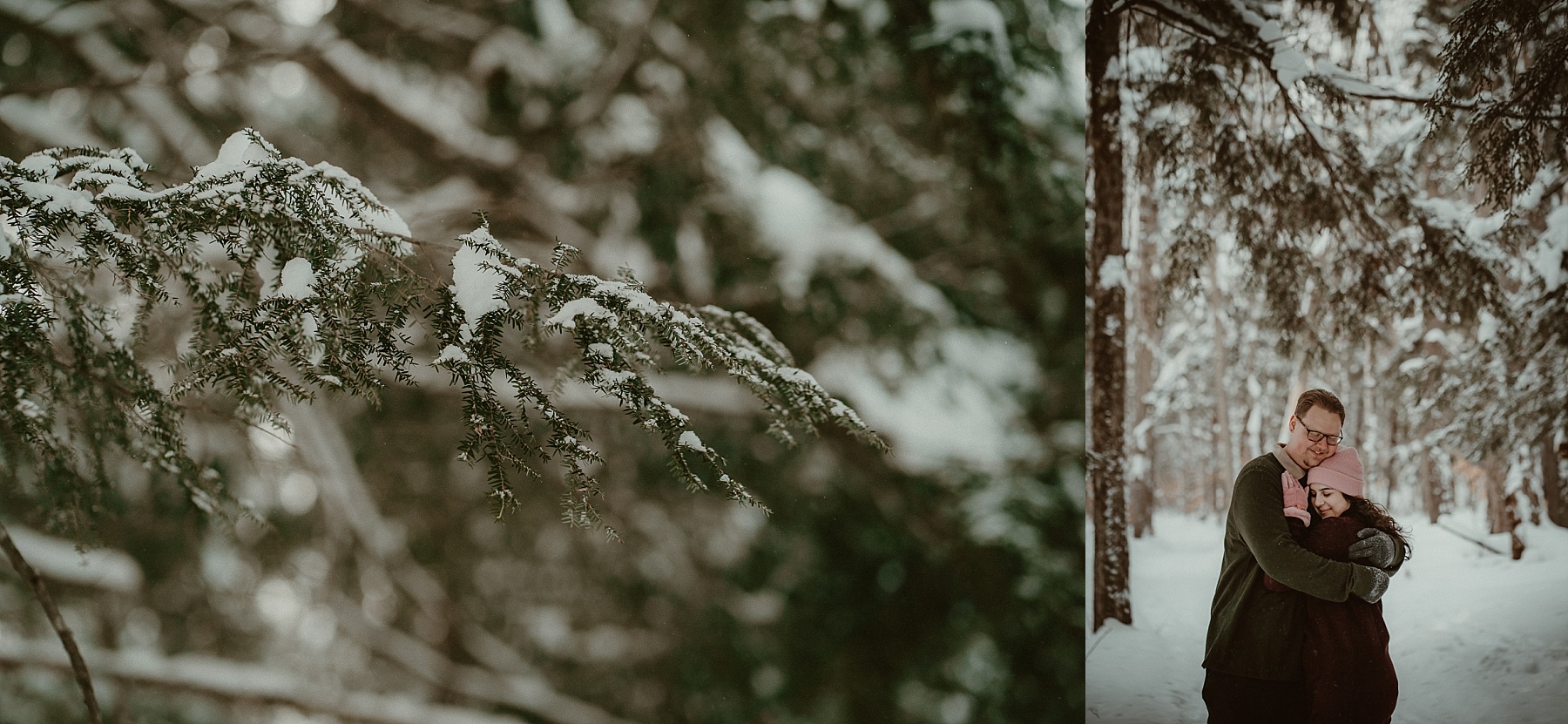 Couple walking through snow covered pine trees during winter engagement session at Hartwick Pines State Park in Northern Michigan.