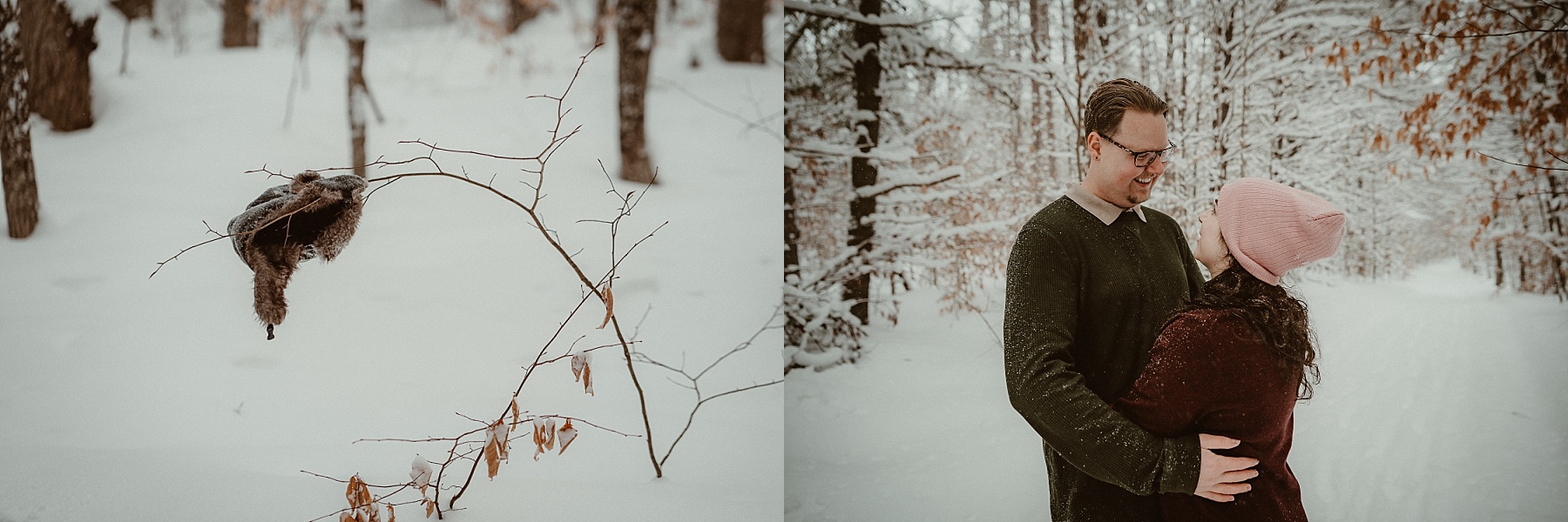 Florida couple embracing in snowy pine forest during Northern Michigan winter engagement session.