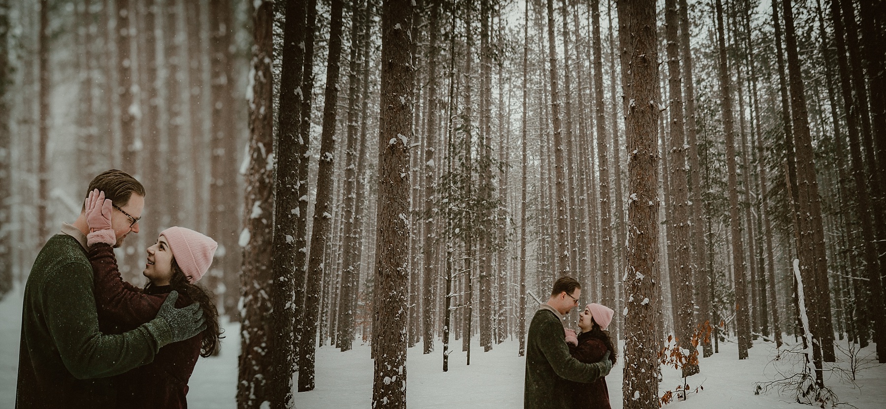 Romantic winter engagement photos in Hartwick Pines State Park during a snowstorm.